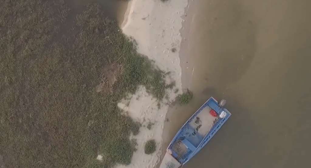 Aerial view of a blue boat moored beside a sandy shore and marsh vegetation